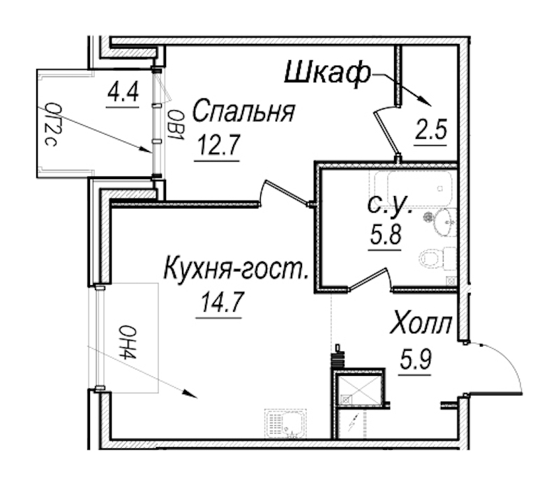 1-комнатная квартира 44.9 м², 7/8 эт., Комплекс апартаментов «Meltzer Hall»